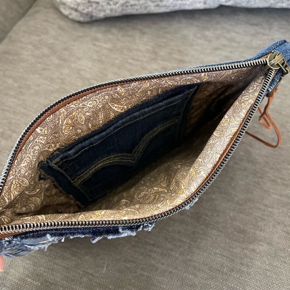 Bohemian Unique One-of-a-Kind Denim Patchwork Clutch with removable wrist handle - Picture 10 of 12
